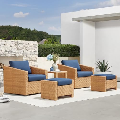 CHITA 5 Pieces Wicker Patio Furniture Set, Outdoor Conversation Set with 2 Pieces Rattan Swivel Chairs, 2 Pieces Ottomans, Thickened Cushions and Side Table
