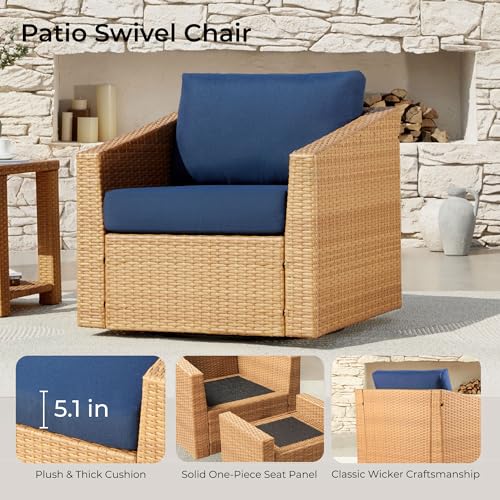 CHITA 5 Pieces Wicker Patio Furniture Set, Outdoor Conversation Set with 2 Pieces Rattan Swivel Chairs, 2 Pieces Ottomans, Thickened Cushions and Side Table