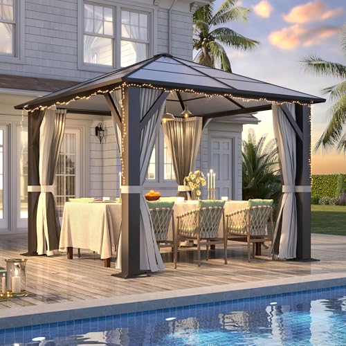 12'x14' Outdoor Hardtop Gazebo with Double Roof | Heavy-Duty Galvanized Steel Top Aluminum Frame Gazebo with Breathable Netting & Privacy Curtain for Patio, Porch, Garden - Gray / 8.5'x8.5' / Wood Gazebo