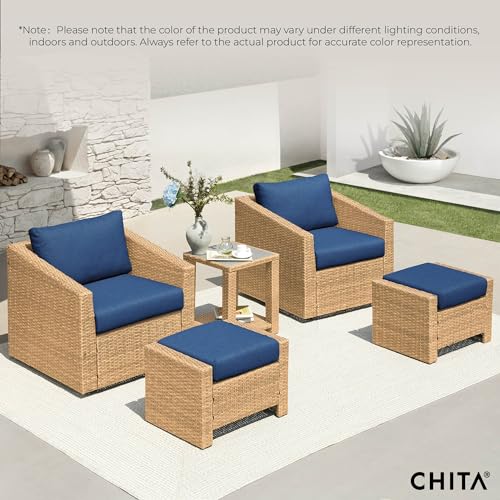 CHITA 5 Pieces Wicker Patio Furniture Set, Outdoor Conversation Set with 2 Pieces Rattan Swivel Chairs, 2 Pieces Ottomans, Thickened Cushions and Side Table