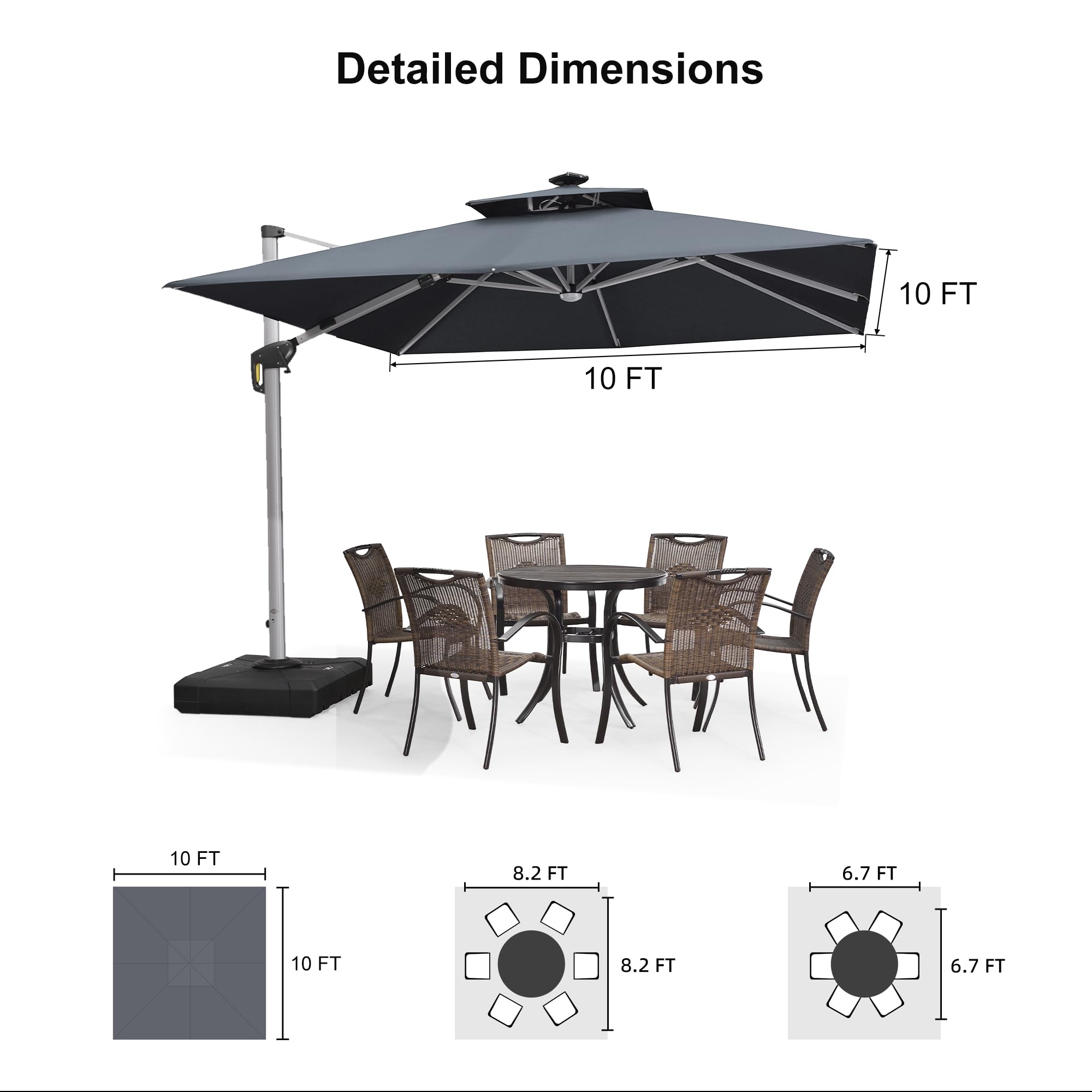 PURPLE LEAF Double Top Deluxe Solar Powered LED Square Patio Umbrella Offset Hanging Umbrella Outdoor Market Umbrella Garden Umbrella,300 x 300 cm,Grey