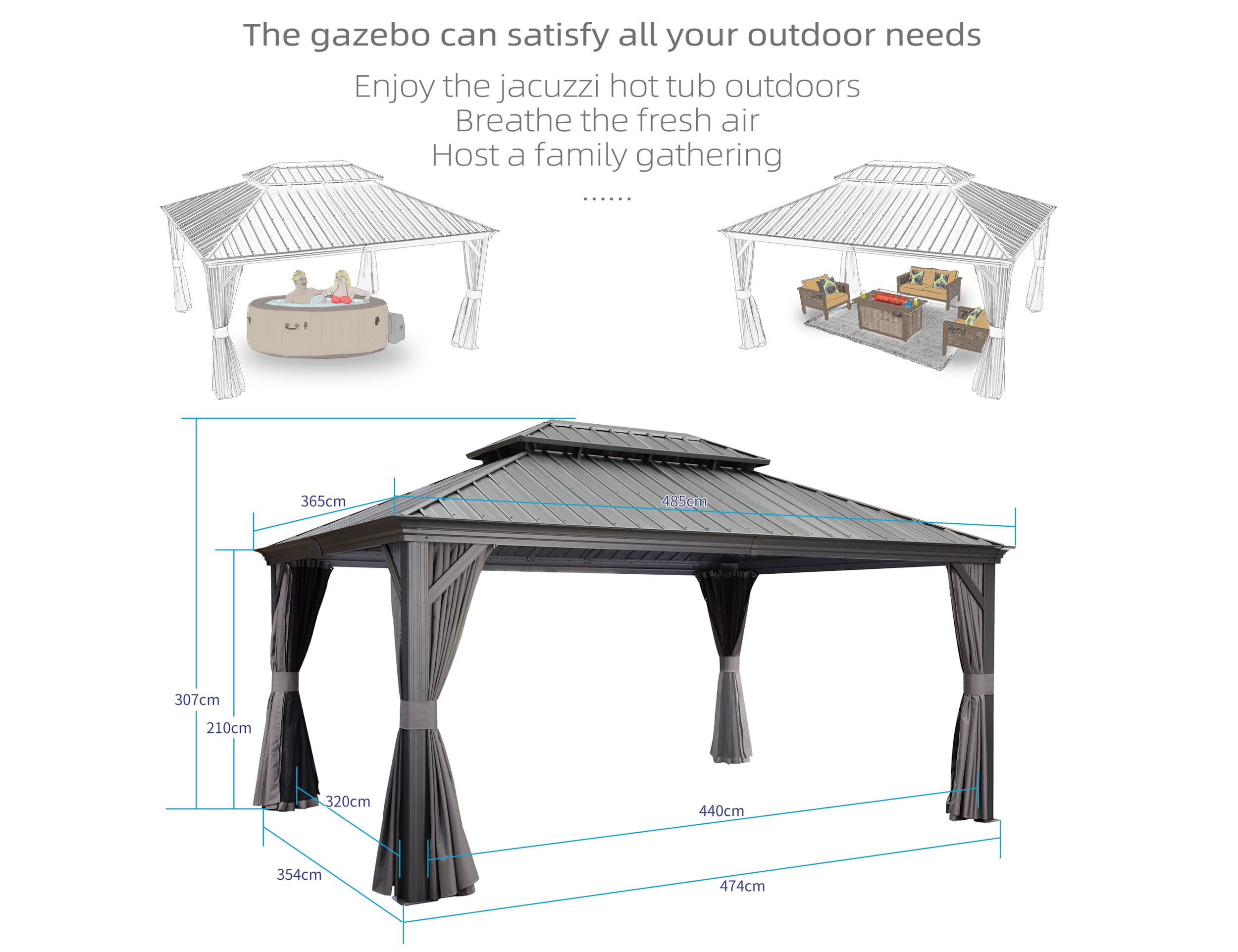 PURPLE LEAF Heavy Duty Garden Gazebo 3.65 x 4.85 m with Galvanised Steel Double Roof, Waterproof Metal Hardtop Gazebo with Side Curtain and Zipped Netting for All Weathers, Outdoor and Patio, Grey