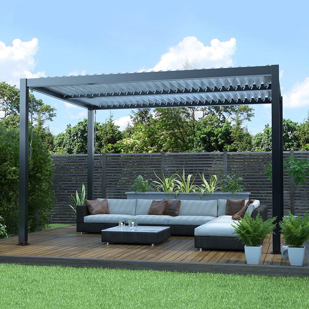 Primrose Deluxe Modern Patio Veranda Pergola Carport Black Charcoal with Louvered Shutter Roof 3m x 4m