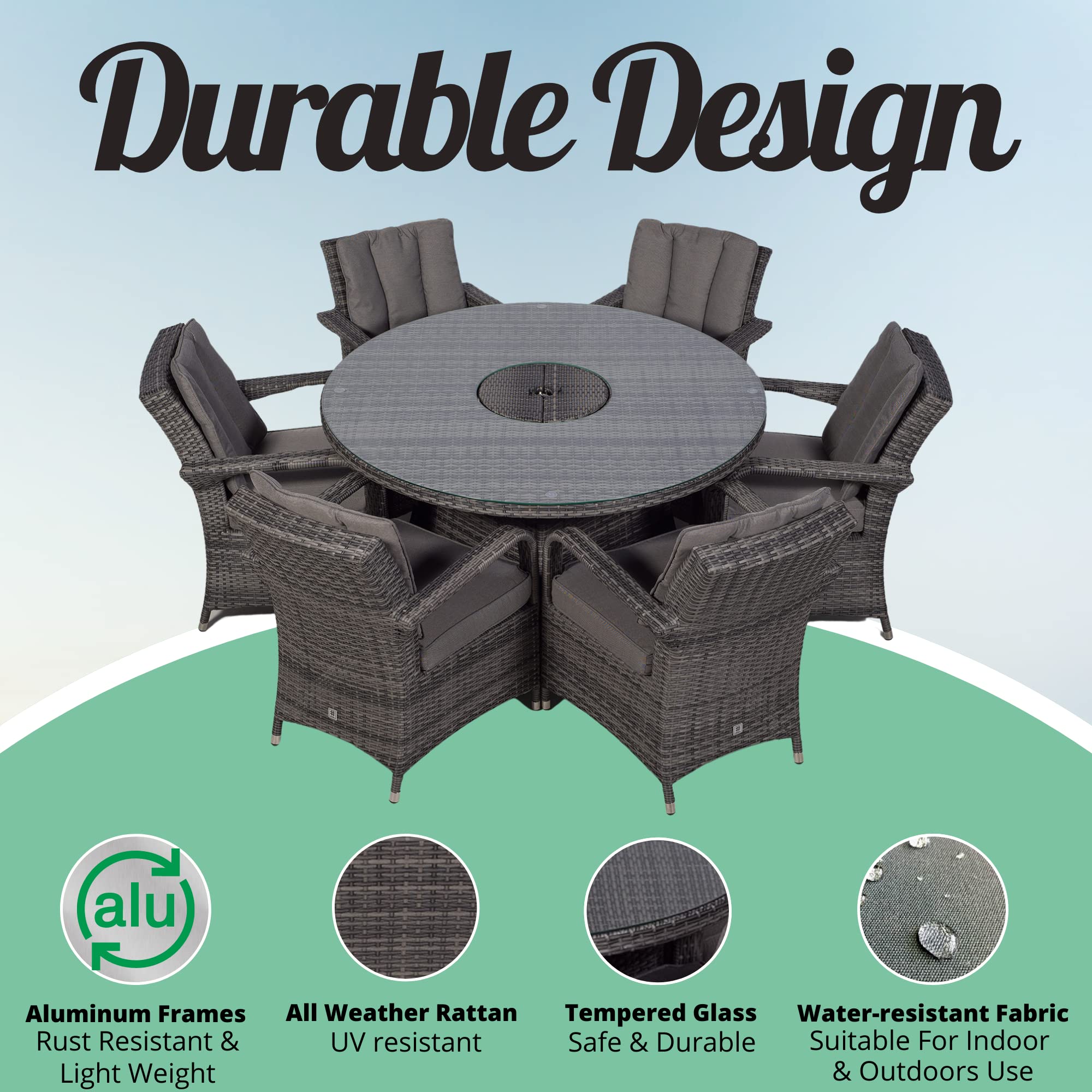 Arizona Luxury 6 Seater Grey Rattan Dining Set with Ice Bucket Drinks Cooler | Outdoor Poly Rattan Garden Table & Chairs Set with Parasol & Cover