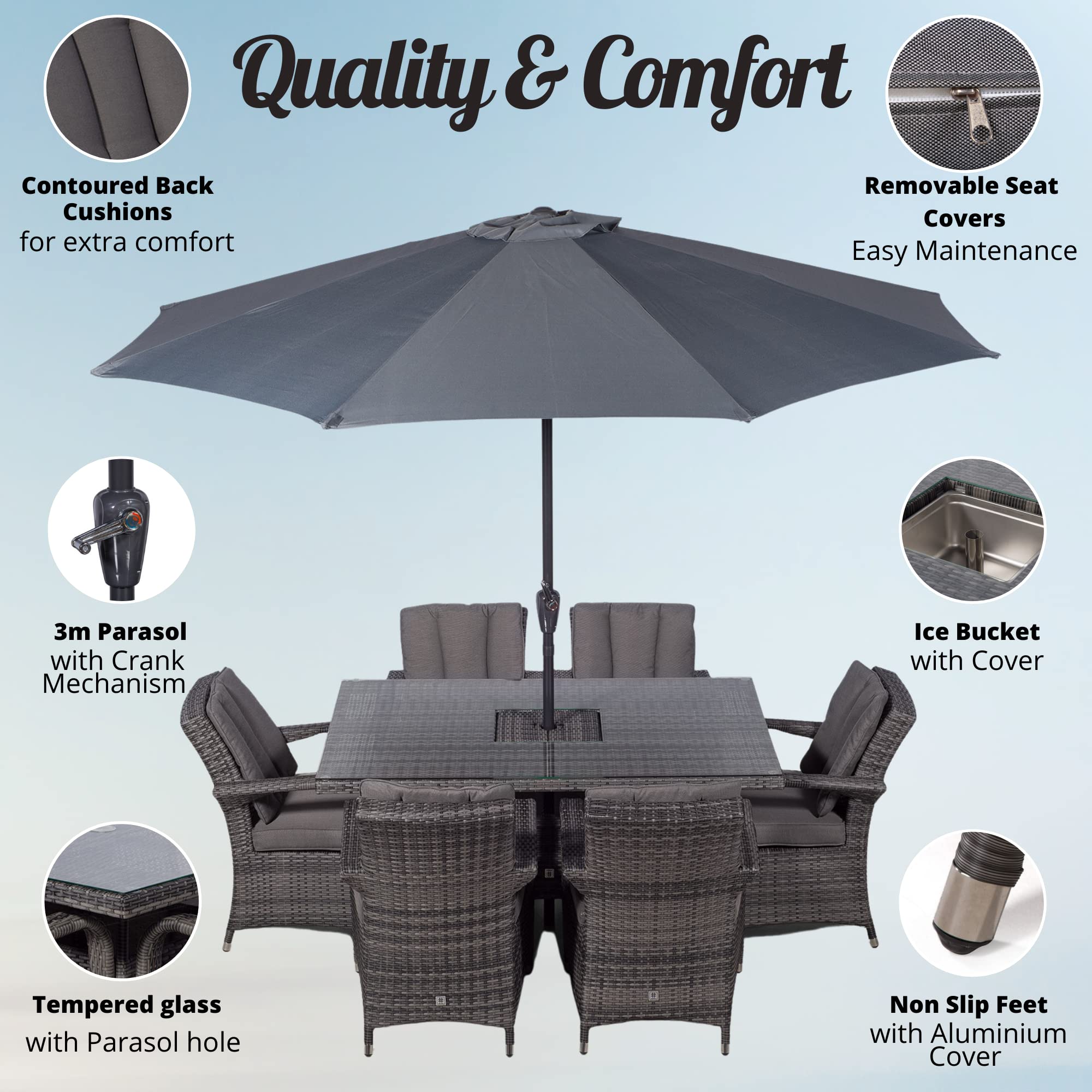 Arizona Rattan Dining Set | Luxury Rectangle 6 Seater Grey Rattan Table & Chairs Set with Ice Bucket Drinks Cooler | Outdoor Poly Rattan Garden Dining Furniture Set with Parasol & Cover