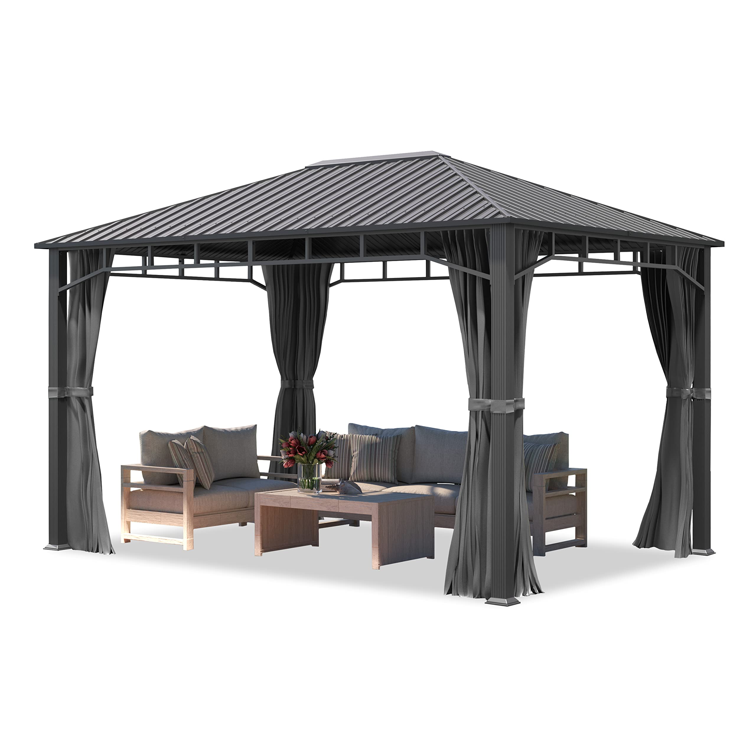 TOOLPORT Garden gazebo 3x4 m hardtop steel roof, 4 side panels in grey, poles 9x9cm