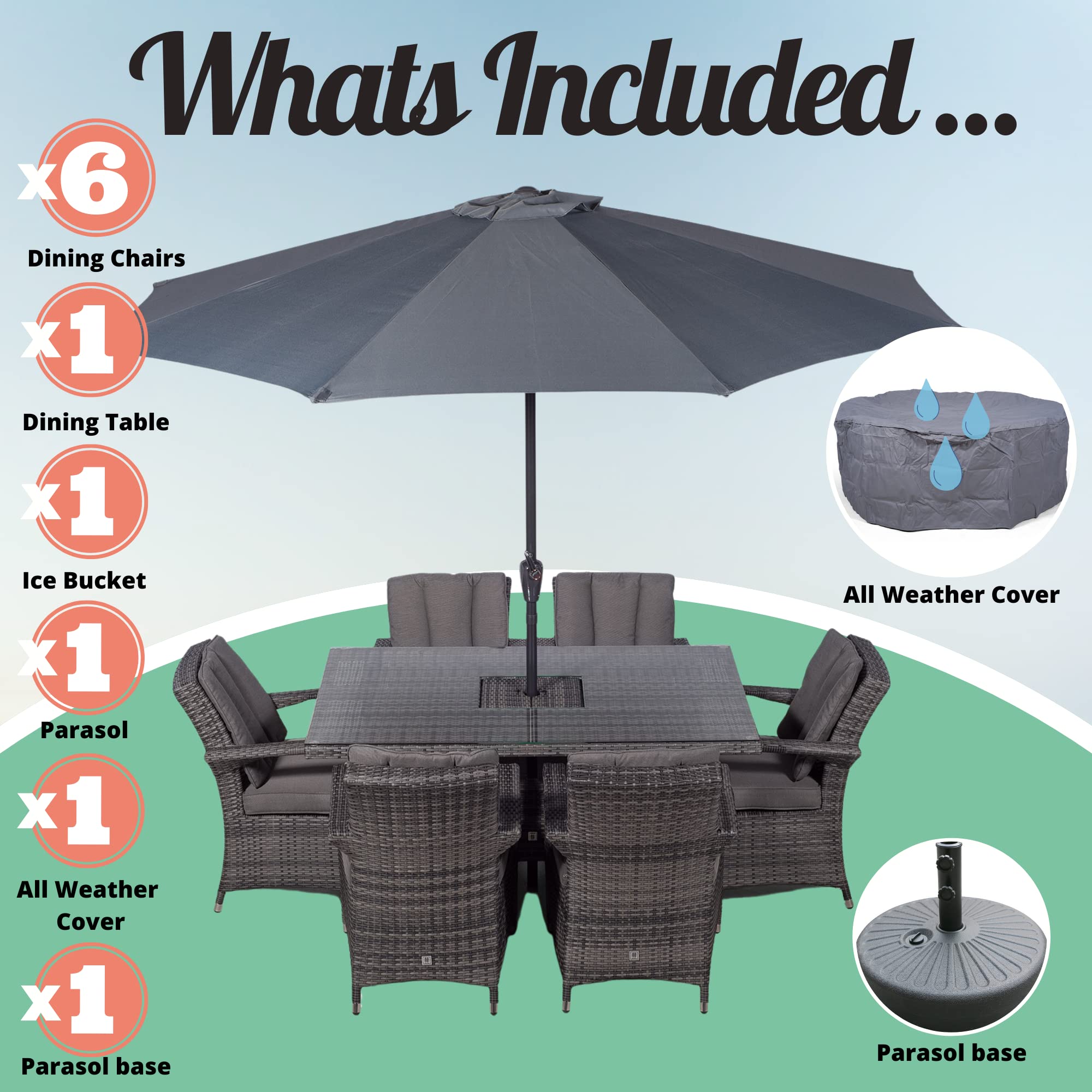 Arizona Rattan Dining Set | Luxury Rectangle 6 Seater Grey Rattan Table & Chairs Set with Ice Bucket Drinks Cooler | Outdoor Poly Rattan Garden Dining Furniture Set with Parasol & Cover