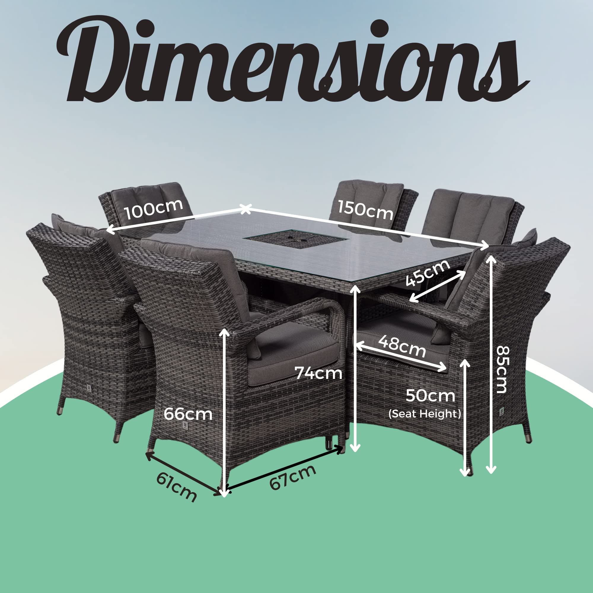 Arizona Rattan Dining Set | Luxury Rectangle 6 Seater Grey Rattan Table & Chairs Set with Ice Bucket Drinks Cooler | Outdoor Poly Rattan Garden Dining Furniture Set with Parasol & Cover