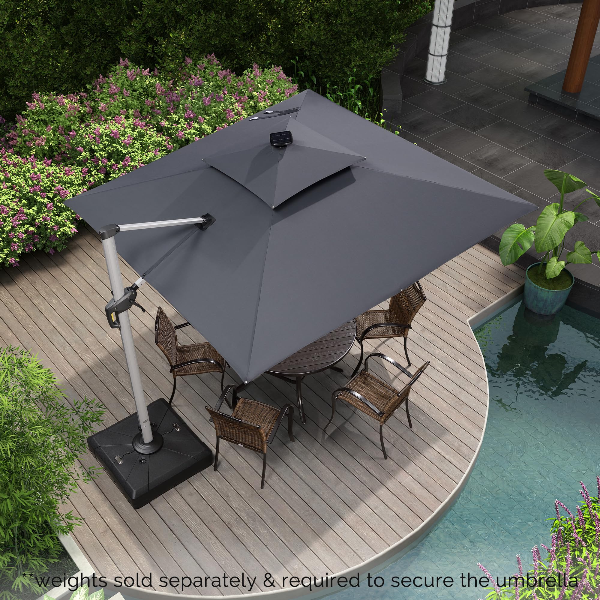 PURPLE LEAF Double Top Deluxe Solar Powered LED Square Patio Umbrella Offset Hanging Umbrella Outdoor Market Umbrella Garden Umbrella,300 x 300 cm,Grey