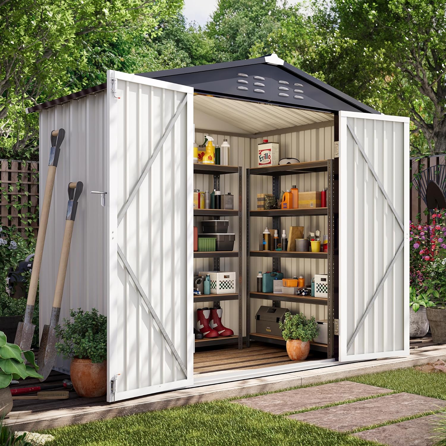 LAUSAINT HOME 4' x 6' Outdoor Storage Shed, Metal Shed Garden Tool Storage & Bicycle Storage with Lockable Door, White - Walmart.com