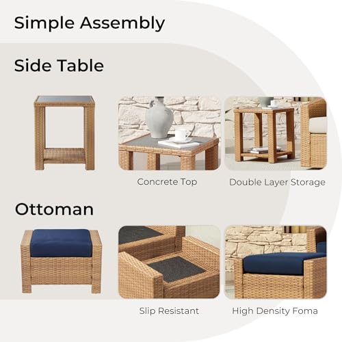 CHITA 5 Pieces Wicker Patio Furniture Set, Outdoor Conversation Set with 2 Pieces Rattan Swivel Chairs, 2 Pieces Ottomans, Thickened Cushions and Side Table
