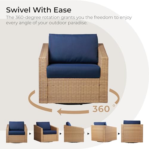 CHITA 5 Pieces Wicker Patio Furniture Set, Outdoor Conversation Set with 2 Pieces Rattan Swivel Chairs, 2 Pieces Ottomans, Thickened Cushions and Side Table