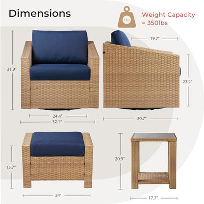 CHITA 5 Pieces Wicker Patio Furniture Set, Outdoor Conversation Set with 2 Pieces Rattan Swivel Chairs, 2 Pieces Ottomans, Thickened Cushions and Side Table