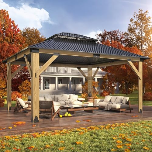 12'x14' Outdoor Hardtop Gazebo with Double Roof | Heavy-Duty Galvanized Steel Top Aluminum Frame Gazebo with Breathable Netting & Privacy Curtain for Patio, Porch, Garden - Beige / 10'x12' / Wood Gazebo