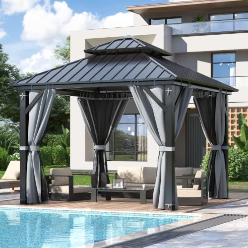 12'x14' Outdoor Hardtop Gazebo with Double Roof | Heavy-Duty Galvanized Steel Top Aluminum Frame Gazebo with Breathable Netting & Privacy Curtain for Patio, Porch, Garden - Black / 12'x14' / Hardtop Gazebo