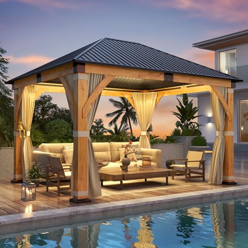 12'x14' Outdoor Hardtop Gazebo with Double Roof | Heavy-Duty Galvanized Steel Top Aluminum Frame Gazebo with Breathable Netting & Privacy Curtain for Patio, Porch, Garden - Orange / 11'x13' / Wood Gazebo