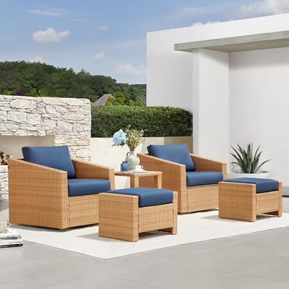 CHITA 5 Pieces Wicker Patio Furniture Set, Outdoor Conversation Set with 2 Pieces Rattan Swivel Chairs, 2 Pieces Ottomans, Thickened Cushions and Side Table