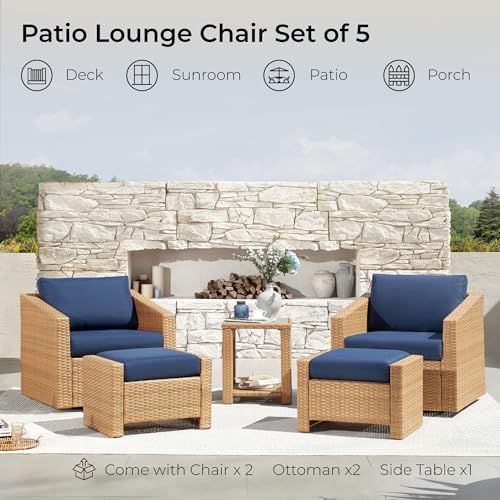 CHITA 5 Pieces Wicker Patio Furniture Set, Outdoor Conversation Set with 2 Pieces Rattan Swivel Chairs, 2 Pieces Ottomans, Thickened Cushions and Side Table