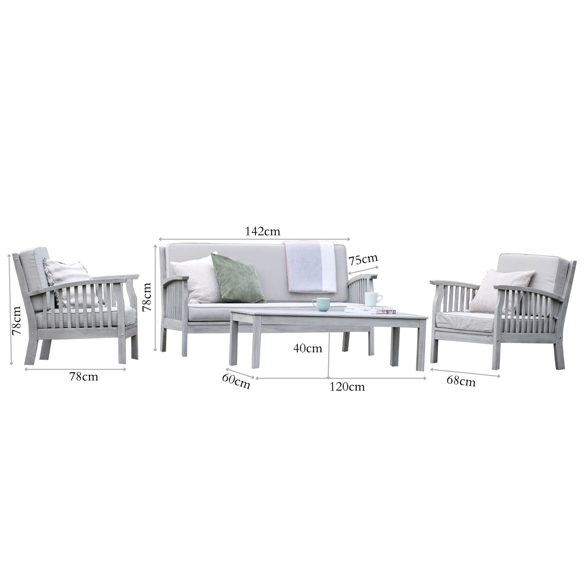 Gardenesque Patio Garden Furniture Set - Light Grey Wooden Garden Set - Repton Lounge - Outdoor Table & Chairs - Durable and Comfortable Design - With Cushions - Flat Pack Design - 4 Seater