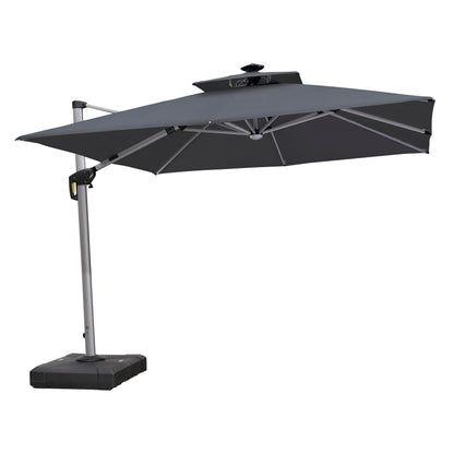 PURPLE LEAF Double Top Deluxe Solar Powered LED Square Patio Umbrella Offset Hanging Umbrella Outdoor Market Umbrella Garden Umbrella,300 x 300 cm,Grey