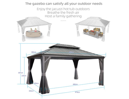 PURPLE LEAF Heavy Duty Garden Gazebo 3.65 x 4.85 m with Galvanised Steel Double Roof, Waterproof Metal Hardtop Gazebo with Side Curtain and Zipped Netting for All Weathers, Outdoor and Patio, Grey