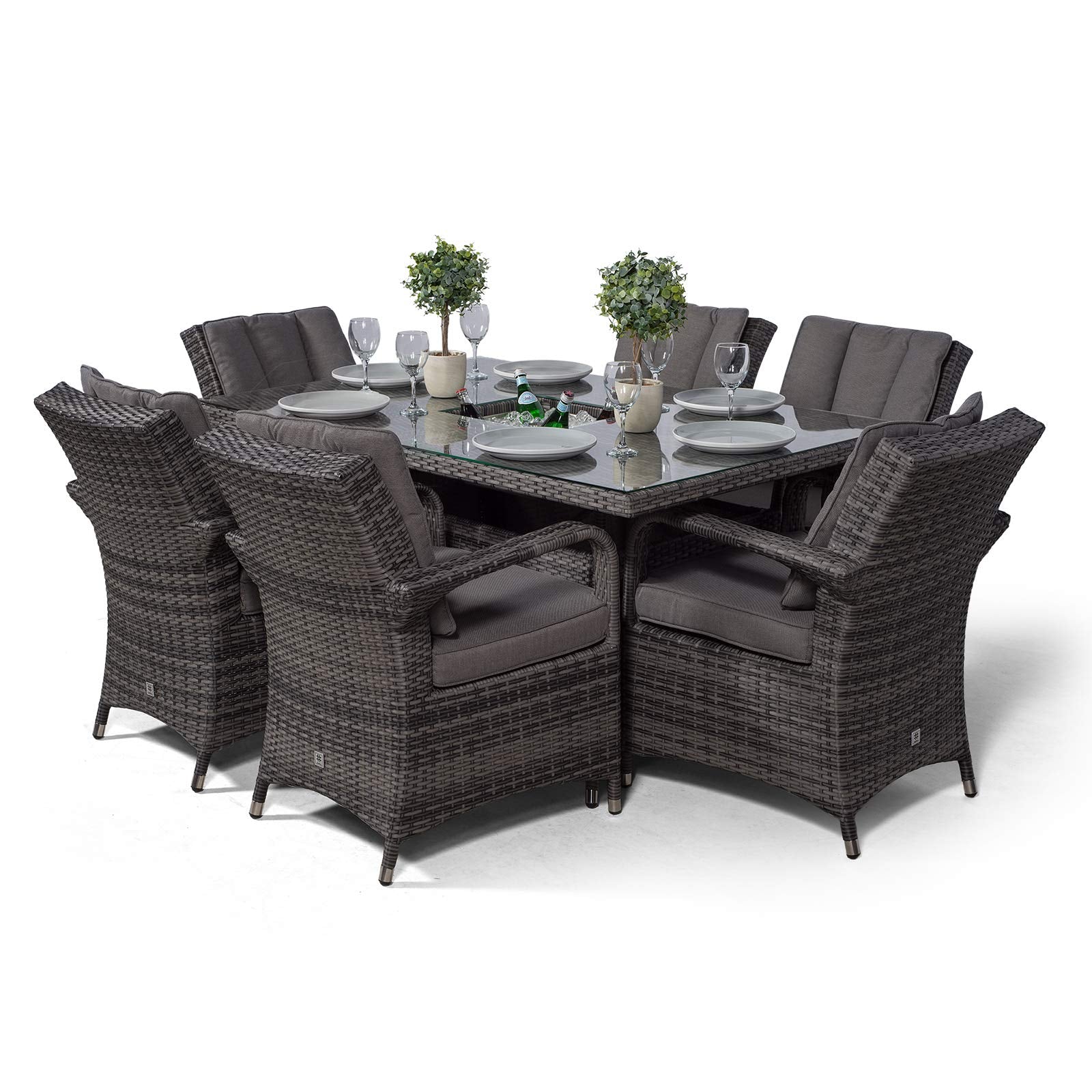Arizona Rattan Dining Set | Luxury Rectangle 6 Seater Grey Rattan Table & Chairs Set with Ice Bucket Drinks Cooler | Outdoor Poly Rattan Garden Dining Furniture Set with Parasol & Cover
