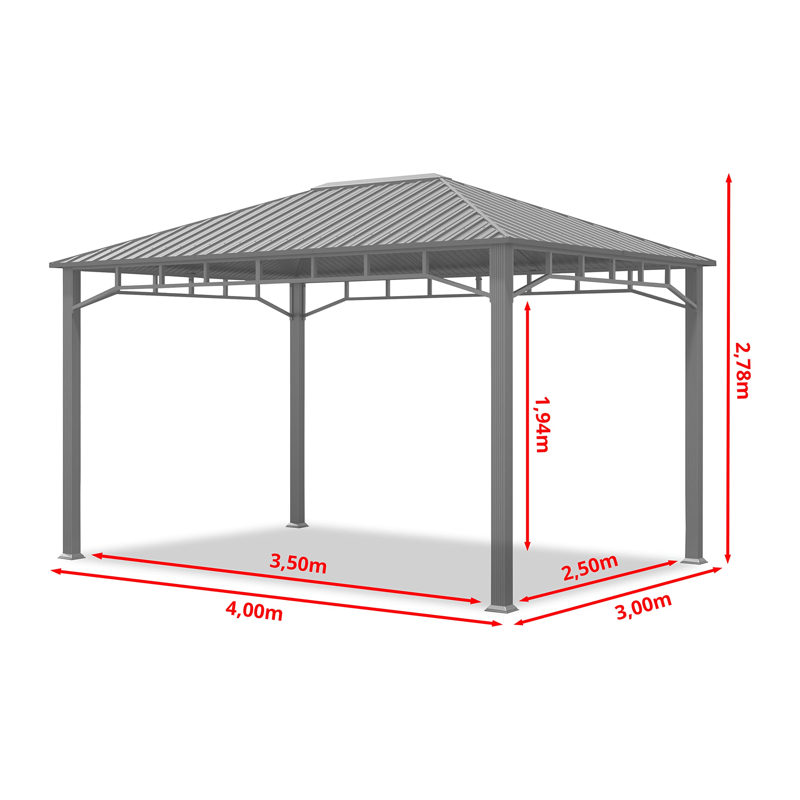 TOOLPORT Garden gazebo 3x4 m hardtop steel roof, 4 side panels in grey, poles 9x9cm