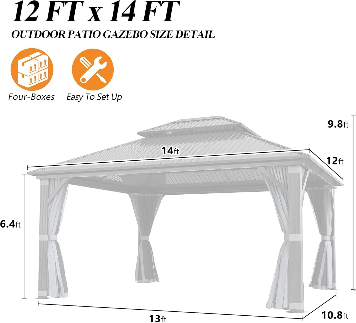 12'x14' Outdoor Hardtop Gazebo with Double Roof | Heavy-Duty Galvanized Steel Top Aluminum Frame Gazebo with Breathable Netting & Privacy Curtain for Patio, Porch, Garden