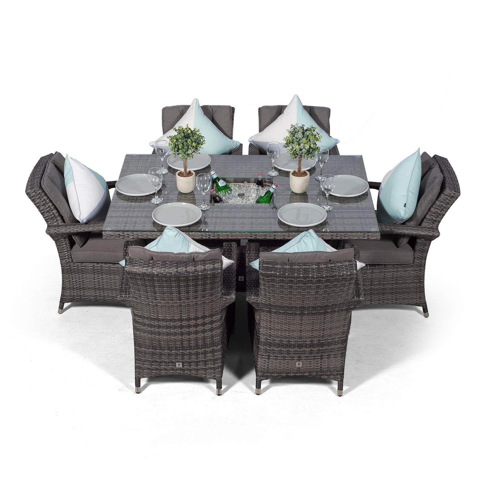Arizona Rattan Dining Set | Luxury Rectangle 6 Seater Grey Rattan Table & Chairs Set with Ice Bucket Drinks Cooler | Outdoor Poly Rattan Garden Dining Furniture Set with Parasol & Cover