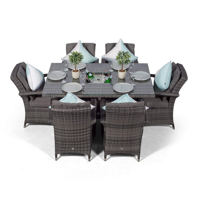 Arizona Rattan Dining Set | Luxury Rectangle 6 Seater Grey Rattan Table & Chairs Set with Ice Bucket Drinks Cooler | Outdoor Poly Rattan Garden Dining Furniture Set with Parasol & Cover