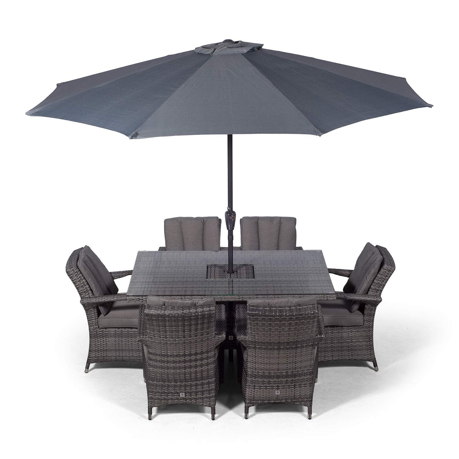 Arizona Rattan Dining Set | Luxury Rectangle 6 Seater Grey Rattan Table & Chairs Set with Ice Bucket Drinks Cooler | Outdoor Poly Rattan Garden Dining Furniture Set with Parasol & Cover