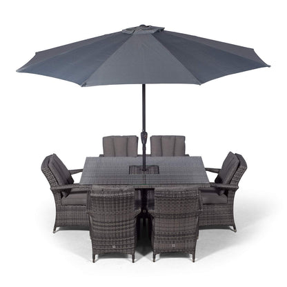 Arizona Rattan Dining Set | Luxury Rectangle 6 Seater Grey Rattan Table & Chairs Set with Ice Bucket Drinks Cooler | Outdoor Poly Rattan Garden Dining Furniture Set with Parasol & Cover