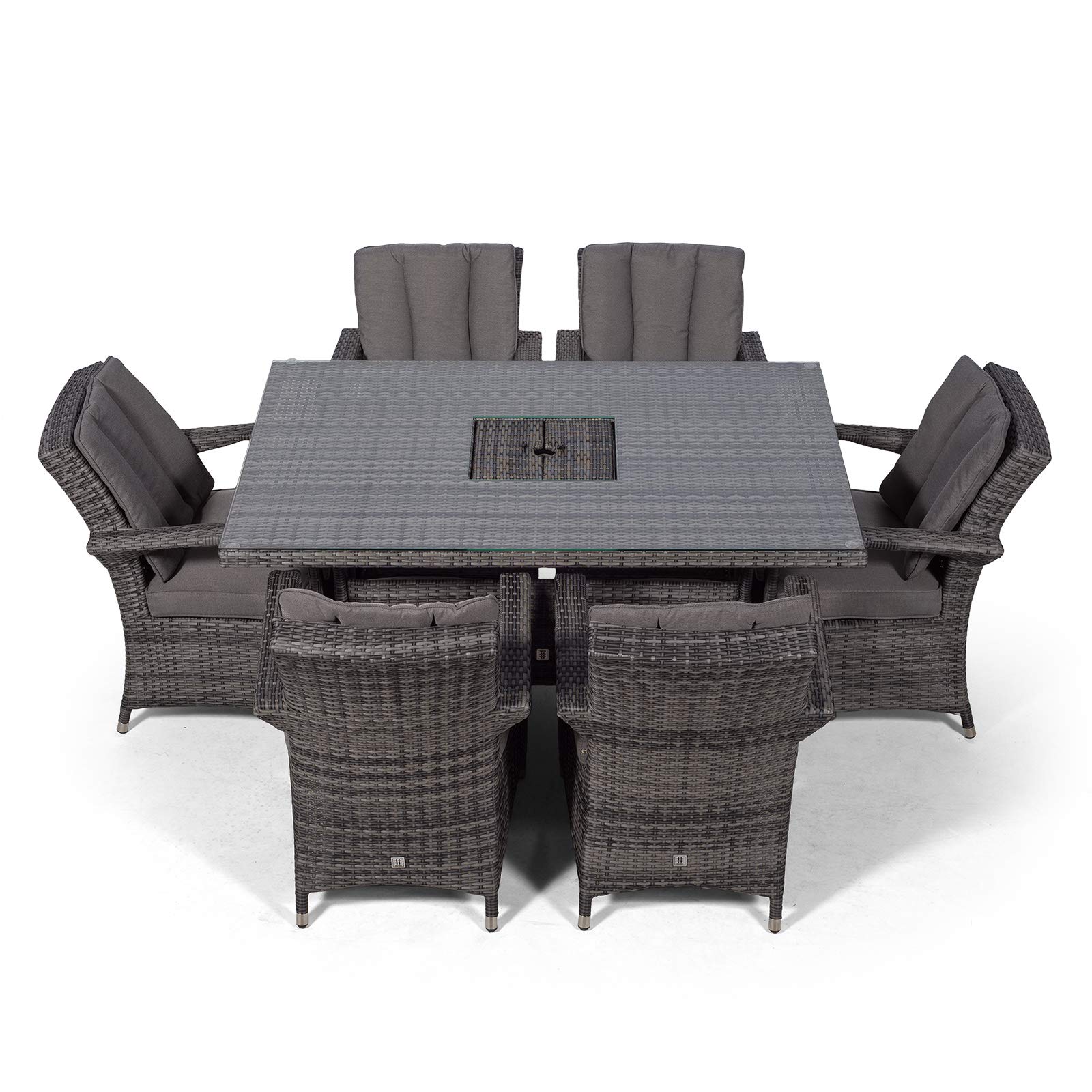 Arizona Rattan Dining Set | Luxury Rectangle 6 Seater Grey Rattan Table & Chairs Set with Ice Bucket Drinks Cooler | Outdoor Poly Rattan Garden Dining Furniture Set with Parasol & Cover
