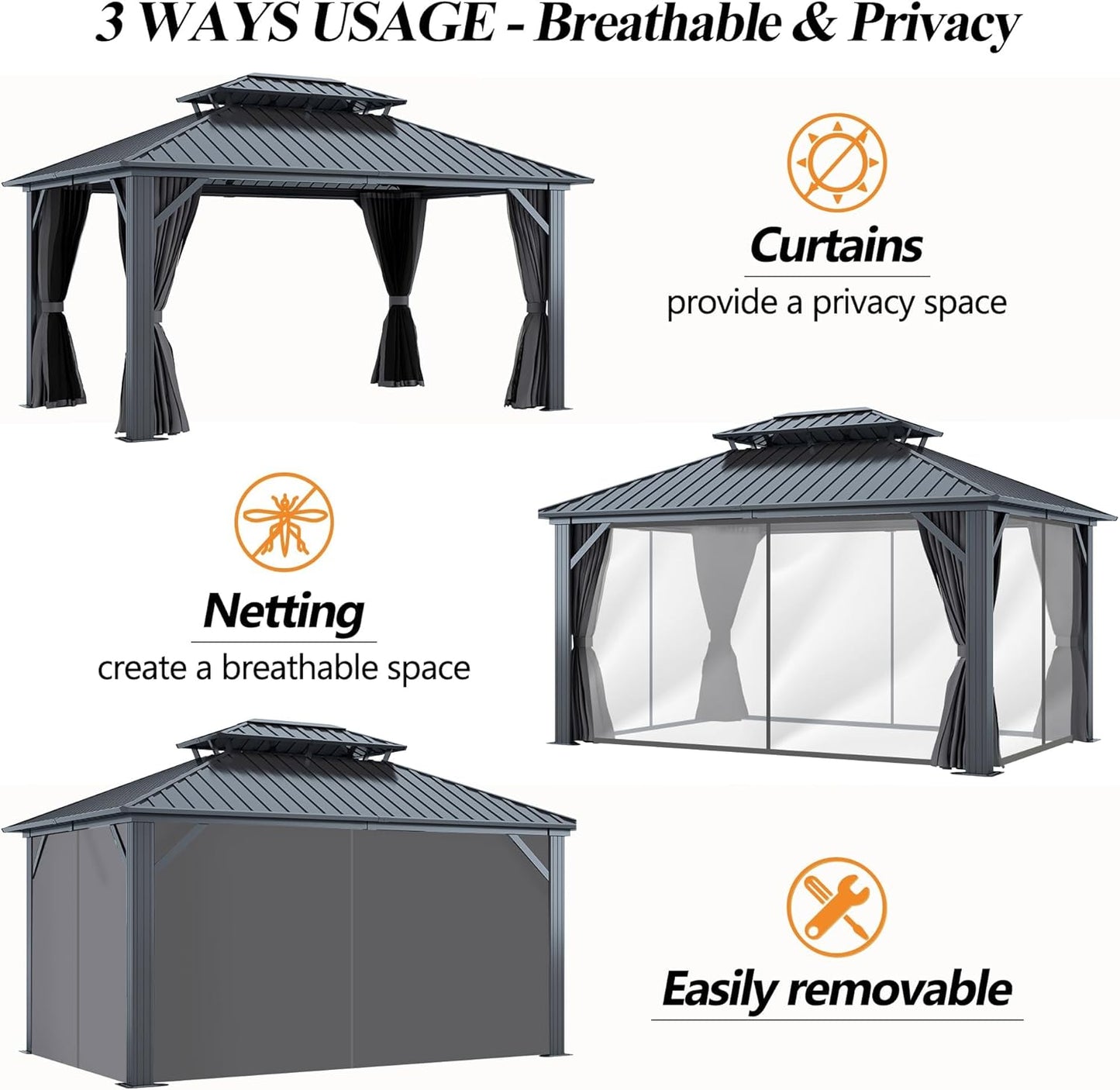 12'x14' Outdoor Hardtop Gazebo with Double Roof | Heavy-Duty Galvanized Steel Top Aluminum Frame Gazebo with Breathable Netting & Privacy Curtain for Patio, Porch, Garden