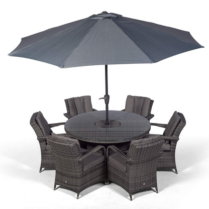 Arizona Luxury 6 Seater Grey Rattan Dining Set with Ice Bucket Drinks Cooler | Outdoor Poly Rattan Garden Table & Chairs Set with Parasol & Cover