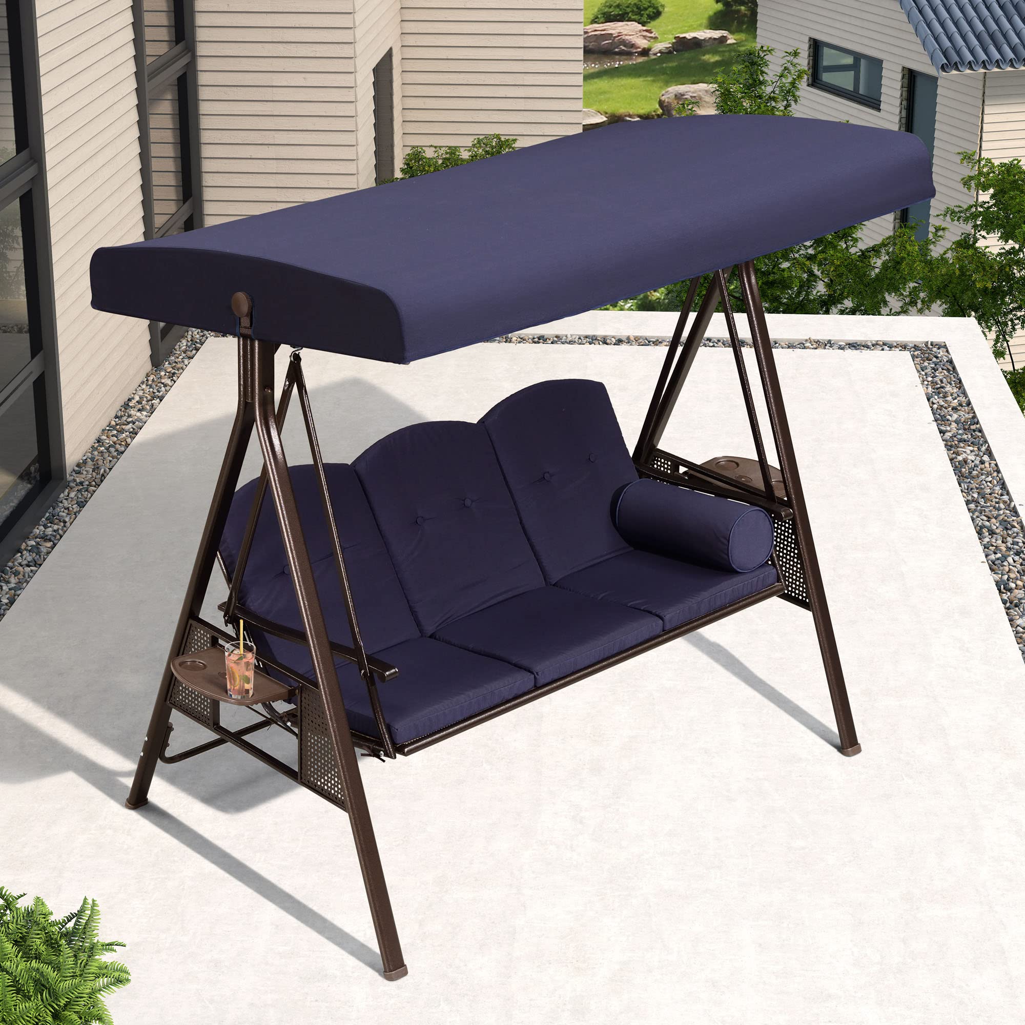 PURPLE LEAF 3-Seat Deluxe Outdoor Patio Porch Swing with Weather Resistant Steel Frame, Adjustable Tilt Canopy, Cushions and Pillow Included, Navy Blue