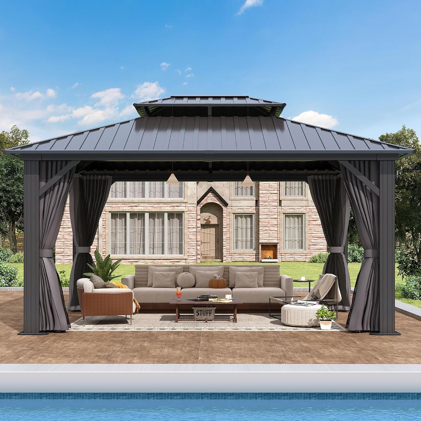 12'x14' Outdoor Hardtop Gazebo with Double Roof | Heavy-Duty Galvanized Steel Top Aluminum Frame Gazebo with Breathable Netting & Privacy Curtain for Patio, Porch, Garden