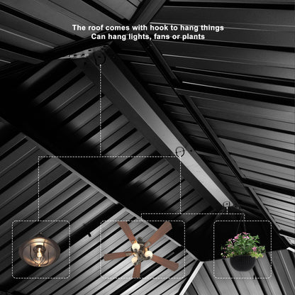 PURPLE LEAF Heavy Duty Garden Gazebo 3.65 x 4.85 m with Galvanised Steel Double Roof, Waterproof Metal Hardtop Gazebo with Side Curtain and Zipped Netting for All Weathers, Outdoor and Patio, Grey