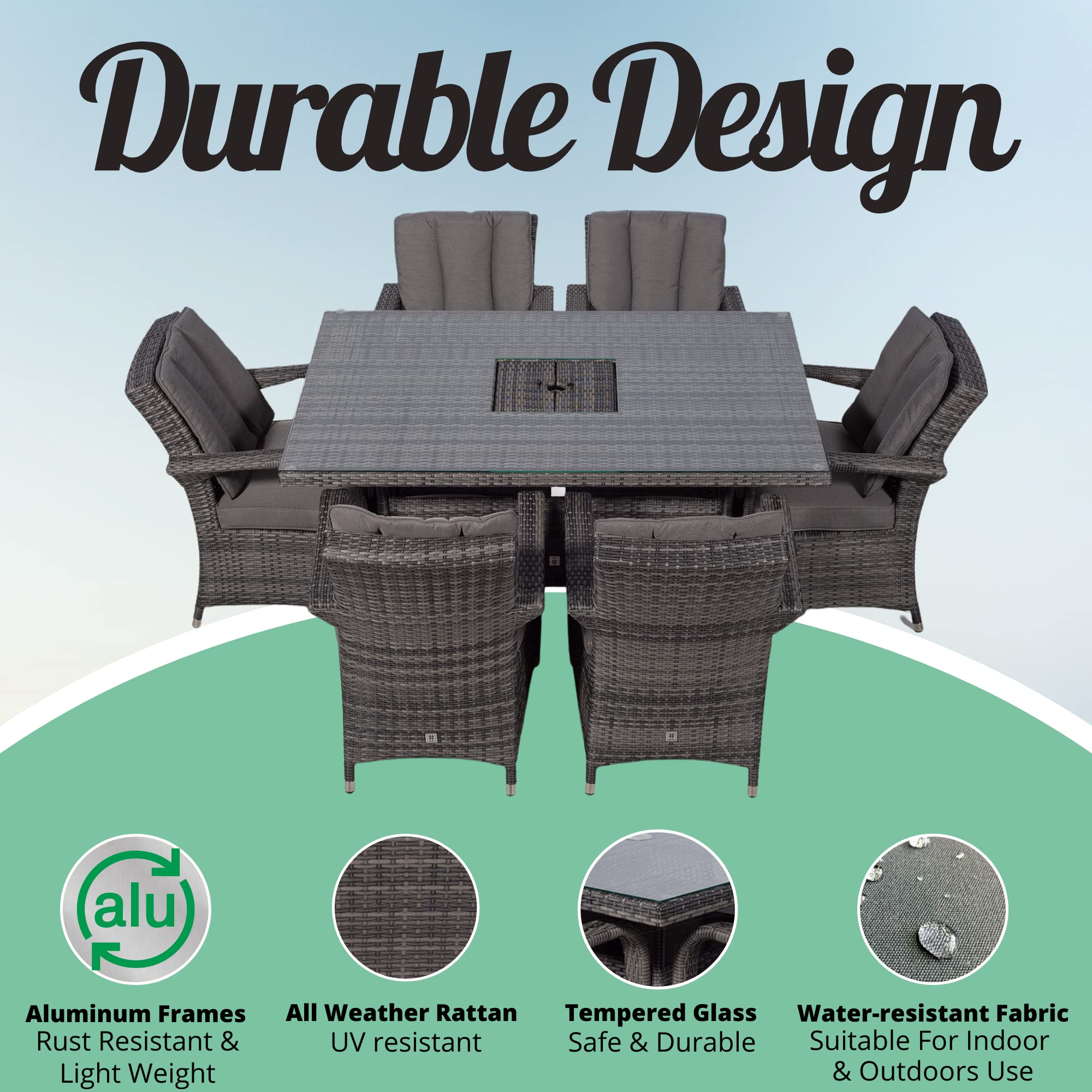 Arizona Rattan Dining Set | Luxury Rectangle 6 Seater Grey Rattan Table & Chairs Set with Ice Bucket Drinks Cooler | Outdoor Poly Rattan Garden Dining Furniture Set with Parasol & Cover