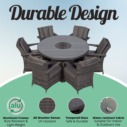 Arizona Luxury 6 Seater Grey Rattan Dining Set with Ice Bucket Drinks Cooler | Outdoor Poly Rattan Garden Table & Chairs Set with Parasol & Cover