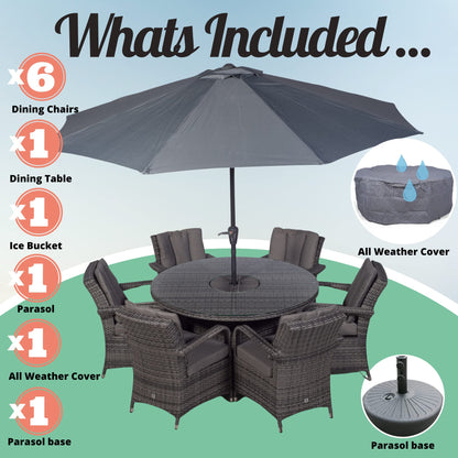 Arizona Luxury 6 Seater Grey Rattan Dining Set with Ice Bucket Drinks Cooler | Outdoor Poly Rattan Garden Table & Chairs Set with Parasol & Cover