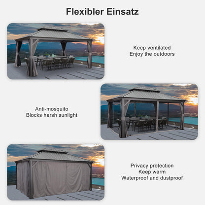 PURPLE LEAF Heavy Duty Garden Gazebo 3.65 x 4.85 m with Galvanised Steel Double Roof, Waterproof Metal Hardtop Gazebo with Side Curtain and Zipped Netting for All Weathers, Outdoor and Patio, Grey