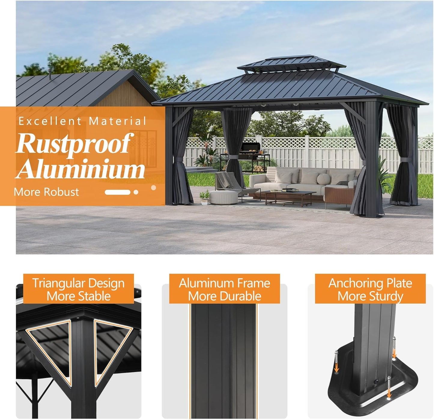 12'x14' Outdoor Hardtop Gazebo with Double Roof | Heavy-Duty Galvanized Steel Top Aluminum Frame Gazebo with Breathable Netting & Privacy Curtain for Patio, Porch, Garden
