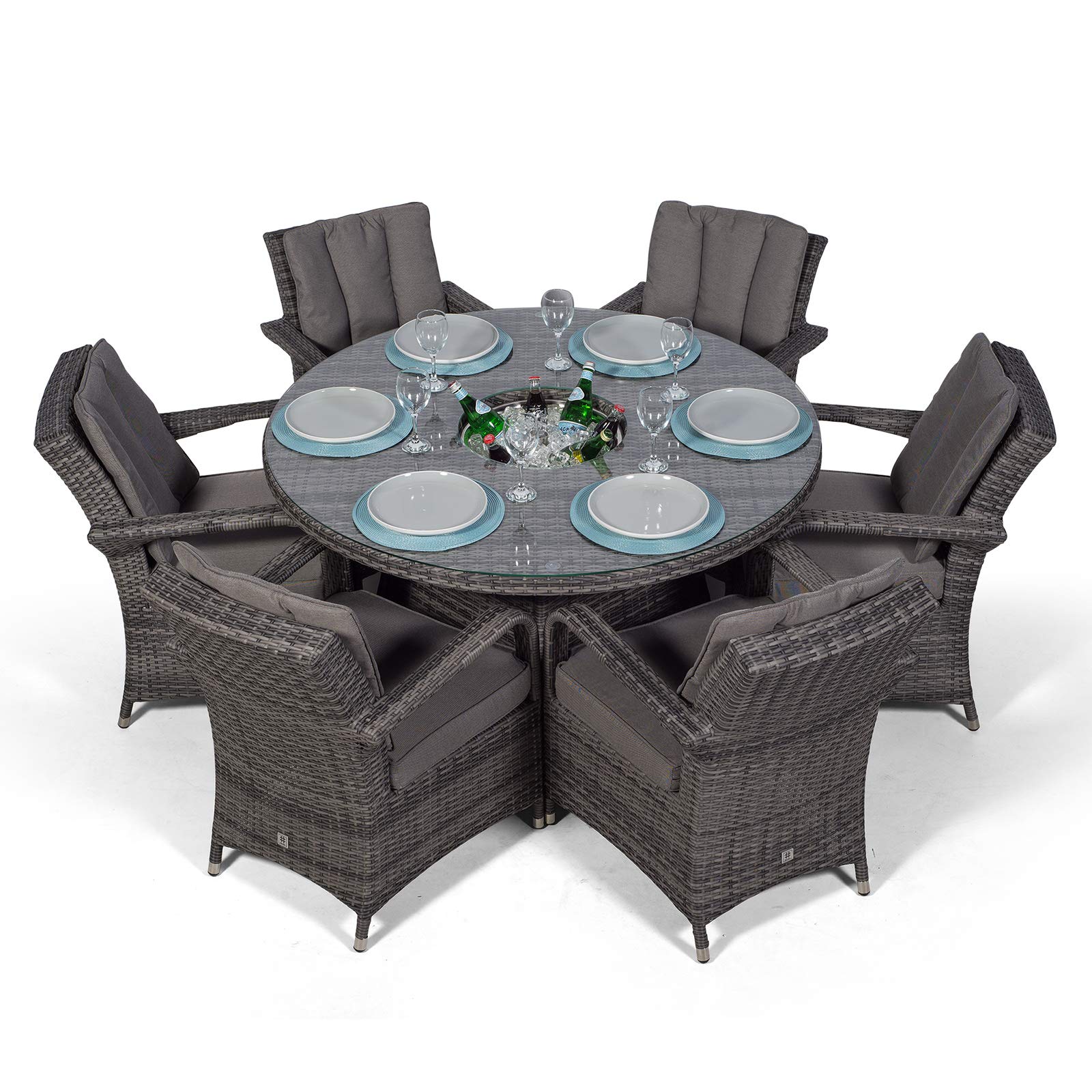 Arizona Luxury 6 Seater Grey Rattan Dining Set with Ice Bucket Drinks Cooler | Outdoor Poly Rattan Garden Table & Chairs Set with Parasol & Cover
