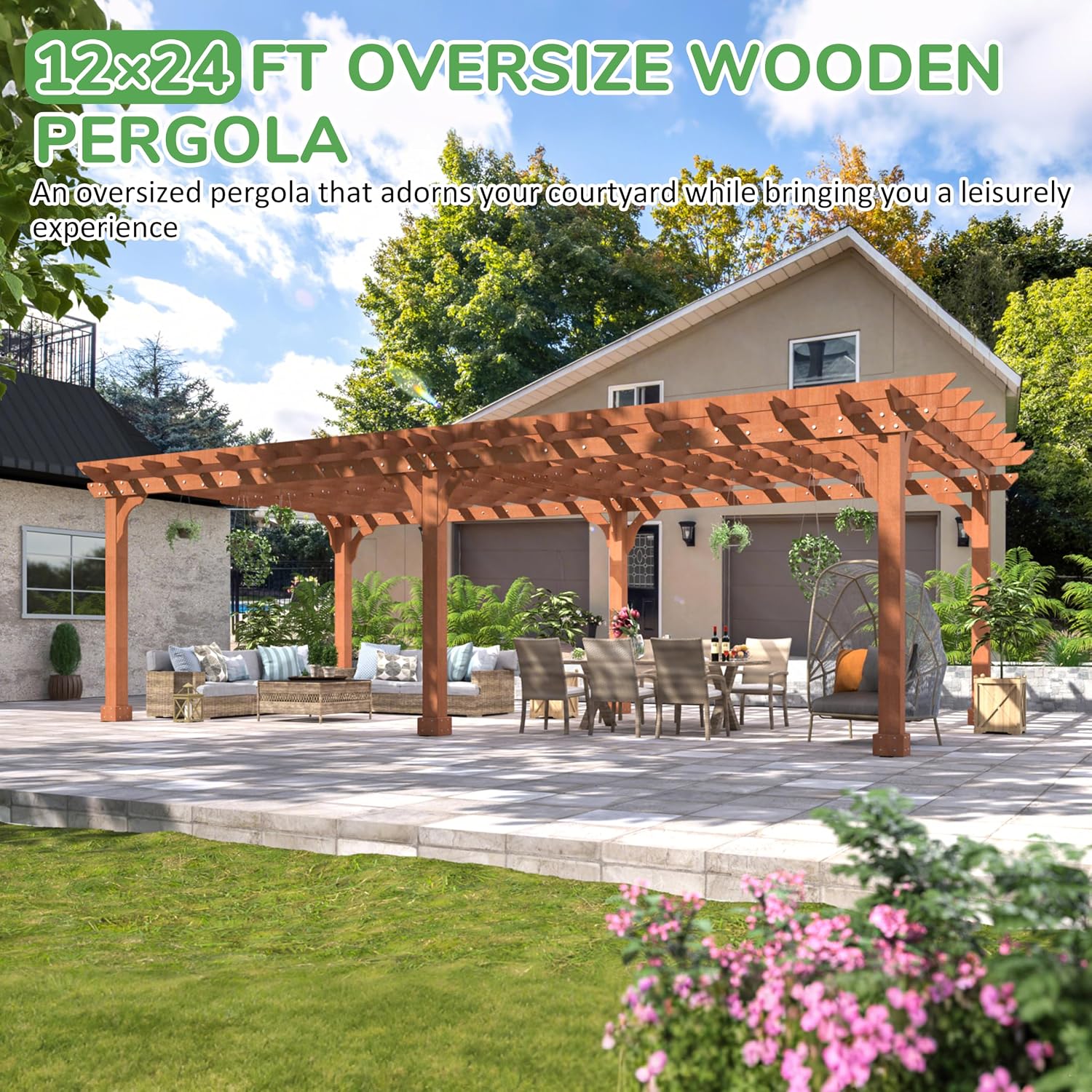 MUPATER 12x24 FT Cedar Wood Pergola, All Cedar Pergola Kit with Stakes, Heavy Duty Outdoor Shade Structure, Snow & Wind Resistant for Backyard, Deck, Patio, Lawn
