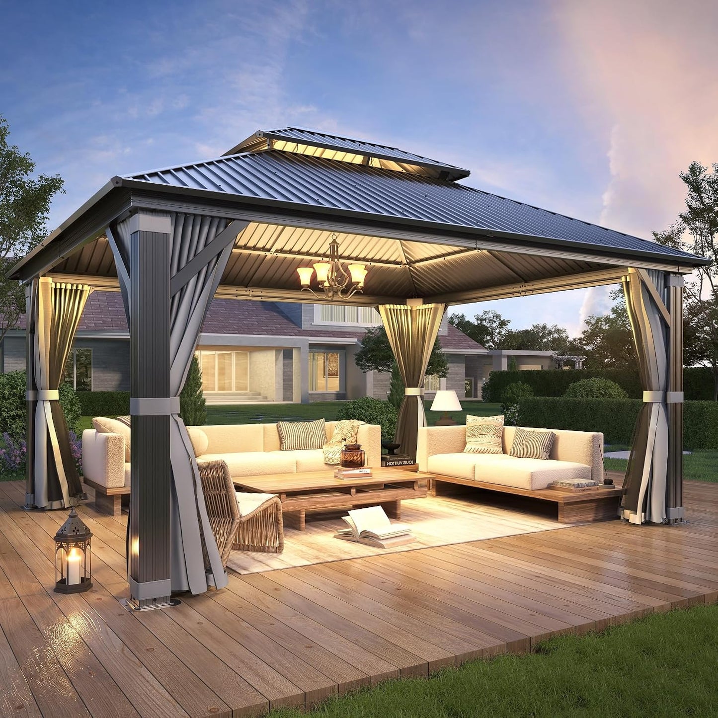 12'x14' Outdoor Hardtop Gazebo with Double Roof | Heavy-Duty Galvanized Steel Top Aluminum Frame Gazebo with Breathable Netting & Privacy Curtain for Patio, Porch, Garden